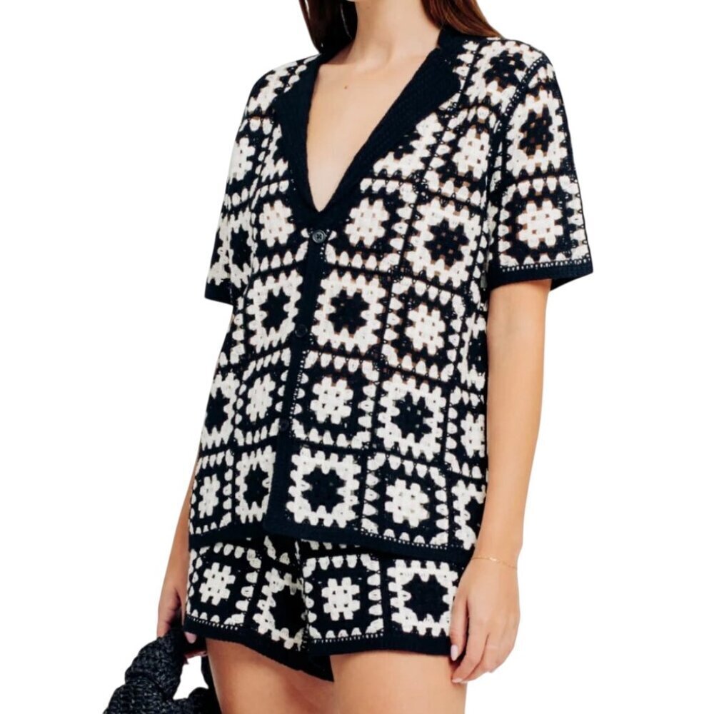 Torn by Ronny Kobo Liv Crochet Top Black White Cotton Medium NWT